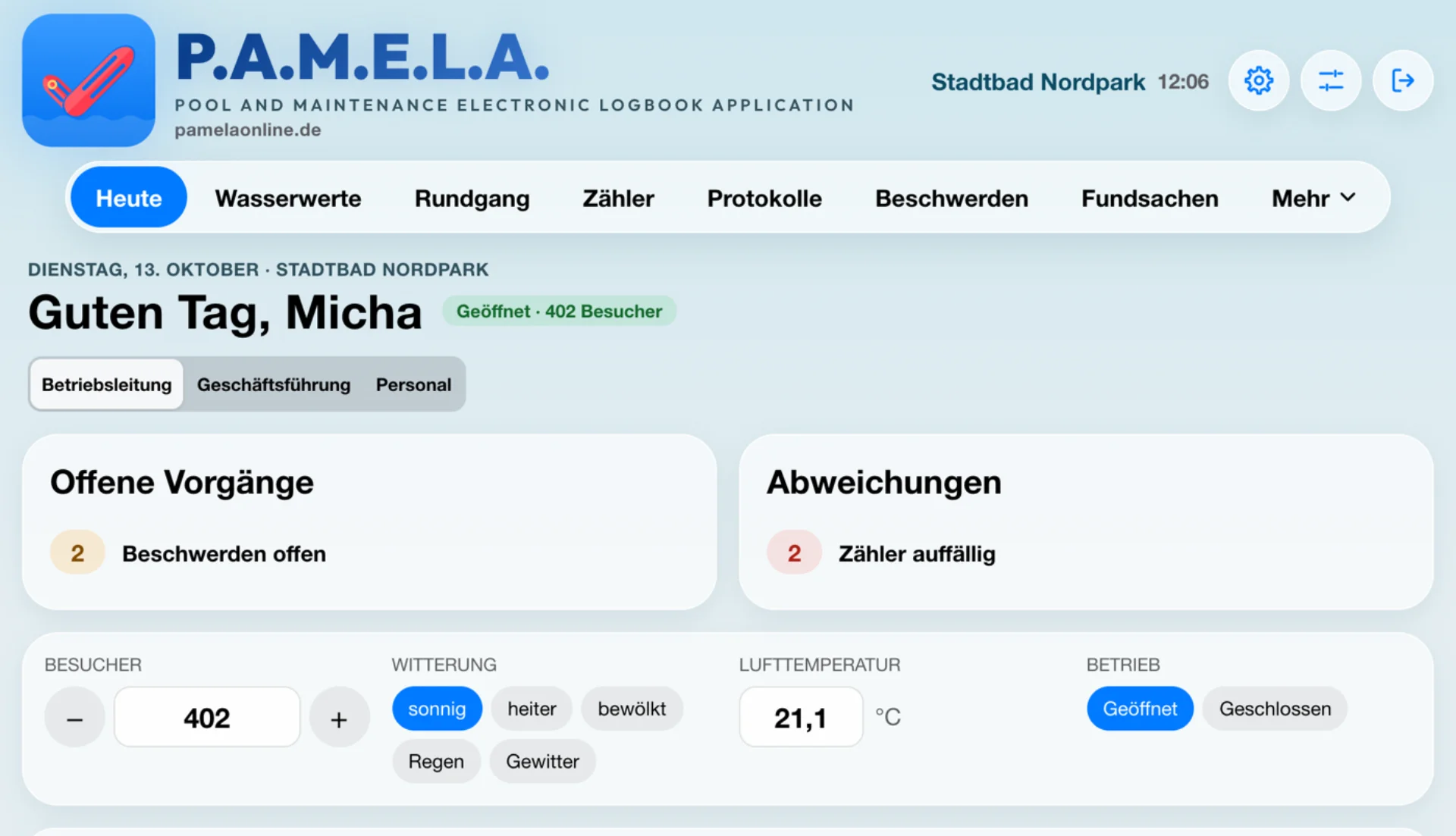 Startseite der Betriebsleitung