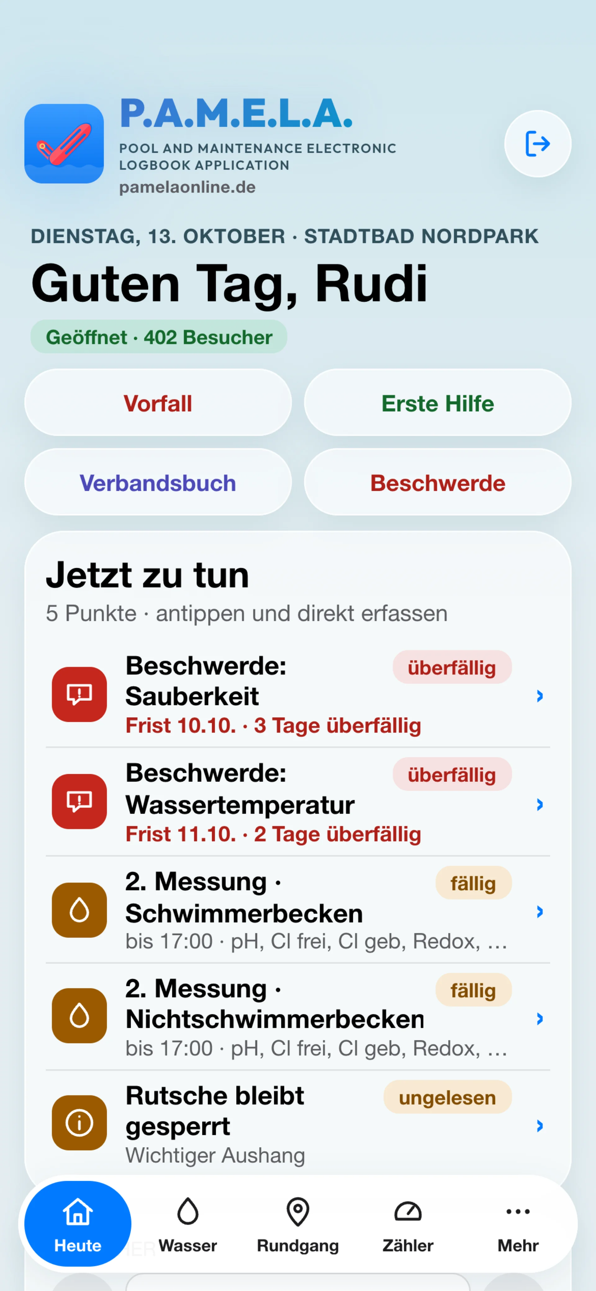 P.A.M.E.L.A. auf dem Handy: Startseite des Personals mit Schnellerfassung und Jetzt zu tun
